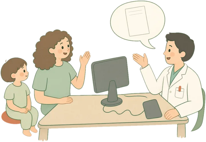 Un médecin prescrit le bilan psychomoteur à un enfant et sa mère