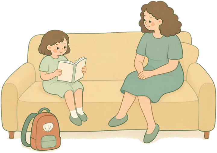 Un enfant attend avec sa mère dans la salle d’attente du cabinet de psychomotricité