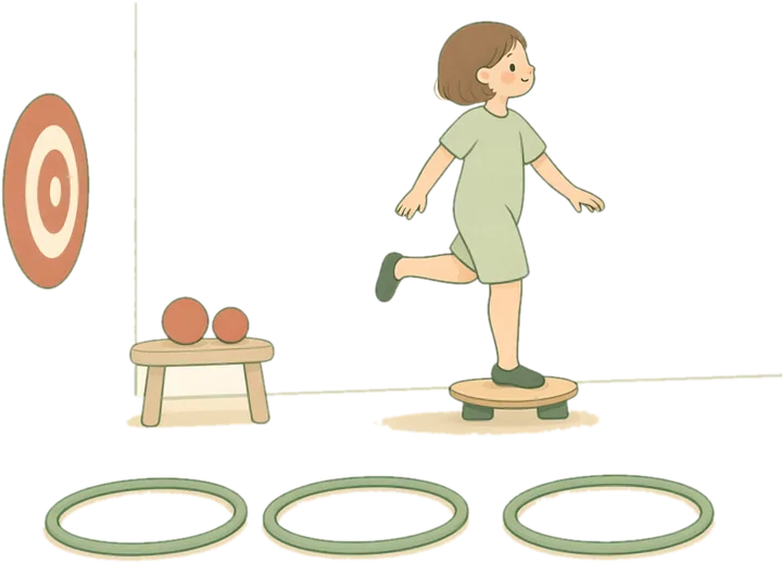Un enfant réalise des exercices d’équilibre et de motricité globale
